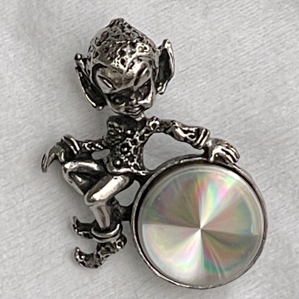 Vintage CYVRA Elf Pixie Fairy Brooch with Round Holographic Accent Silver Tone